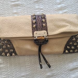 Taupe Studded Metal and Bamboo Accent Large Clutch